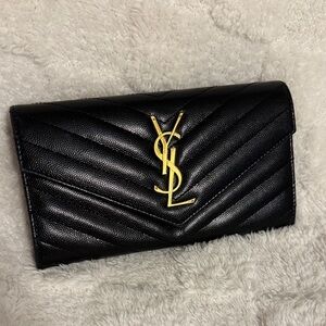 Saint Laurent Black Quilted YSL Chevron Wallet with Gold Hardware